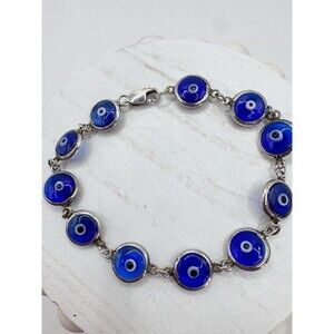 8” sterling silver 925 Evil Eye bracelet Cobalt blue Glass Eye Good Luck Charm
